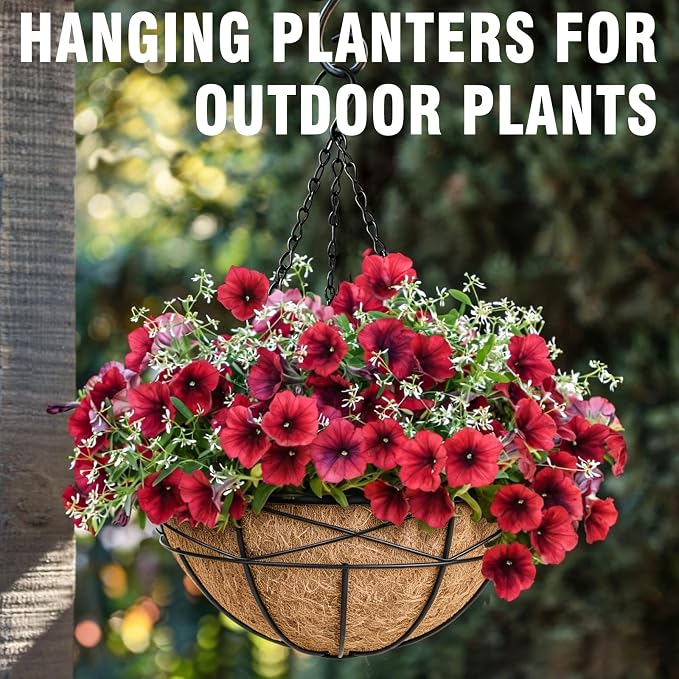 2 Pack 10 Inch Hanging Planters for Outdoor Plants Metal Wire Flower Baskets with Natural Coconut Liners for Garden Planting Decor