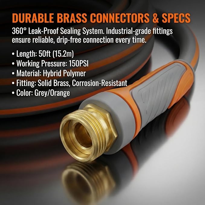 PremiumPro 50FT 5/8" Heavy Duty Reinforced Garden Hose, Large Flow,600 PSI Burst Pressure, Four Layer Hybrid Polymer Anti Kink with 360 Swivel Brass Connectors and handle for yard,washing & irrigation
