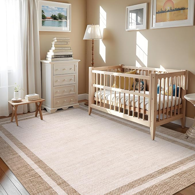 COZYLOOM Modern Living Room Rugs 5x7 Washable Kids Bedroom Rug, Beige | Non Slip Stain Resistant Neutral Bordered Non Shedding Low Pile Foldable Minimalist Area Rug for Entryway Nursery Dorm