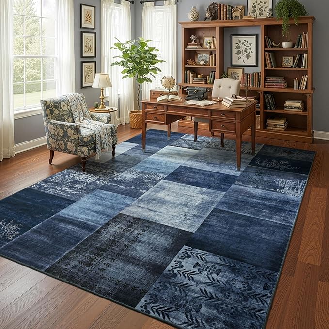 Washable Area Rugs 8x10 for Living Room, Large Modern Geometric Navy Blue Soft Patchwork Carpet, Non-Slip Stain Resistant Throw Rug for Bedroom Dining Room Office Home Decor