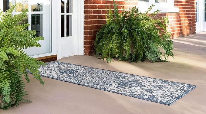Unique Loom Outdoor Collection Area Rug - Dubai (2' x 6' 1' Runner, Blue/ Ivory)