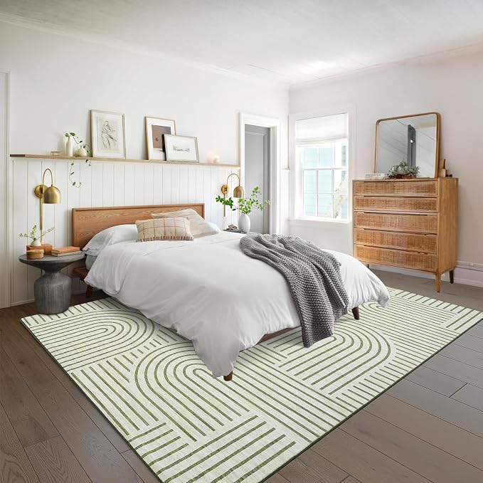 ROYHOME Modern Washable Rug 6x9 Area Rugs for Living Room Non Slip, Green | Abstract Rug for Bedroom, Rainbow Throw Rugs with Rubber Back, Low Pile Stain Resistant Boho Geometric Carpet for Dining Room