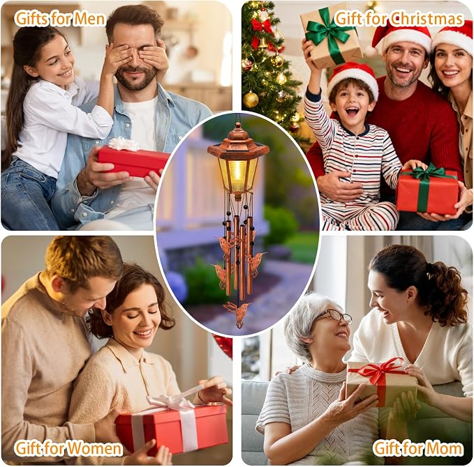 2 Pack Solar Hummingbird Wind Chimes, Gifts for Women Mom Grandma Wife Sister Daughter Neighbor, Classic Bronze Wind Chimes with Wind Catcher, Solar Decor Lights for Outdoor Garden Patio Porch Window