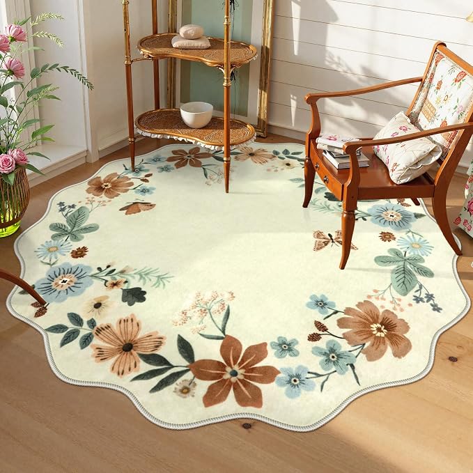 Lahome Floral Washable Round Area Rug, Round Rug 5ft Soft Non-Slip | Non-Shedding Boho Circle Carpet for Bedroom Living Room Bathroom Nursery Kitchen Flore, Beige