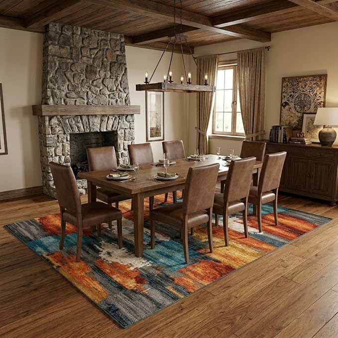 6x9 Burnt Orange and Teal Abstract Brushstroke Area Rug | Soft Low-Pile Machine-Washable Rug with Non-Slip Backing for Dining Rooms, Entryways and Reading Areas for Easy Everyday Care