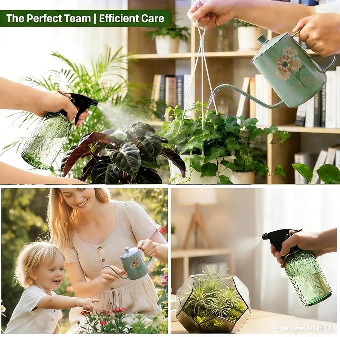 OFFIDIX Watering Can for Indoor Plants,Long Spout Metal Stainless Steel 21 oz Small Indoor Plant Watering Can with 14 oz Glass Plant Mister Spray Bottle for Inside