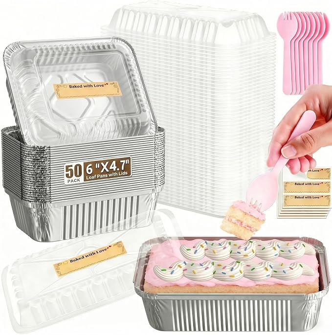50 Pack Aluminum Loaf Pans with Lids Stickers and Spoon,6" X 4.7" X 2" Small Tin Foil loaf Pans Disposablb Foil Baking Tins Trays for Food Containers/Cakes/Bread