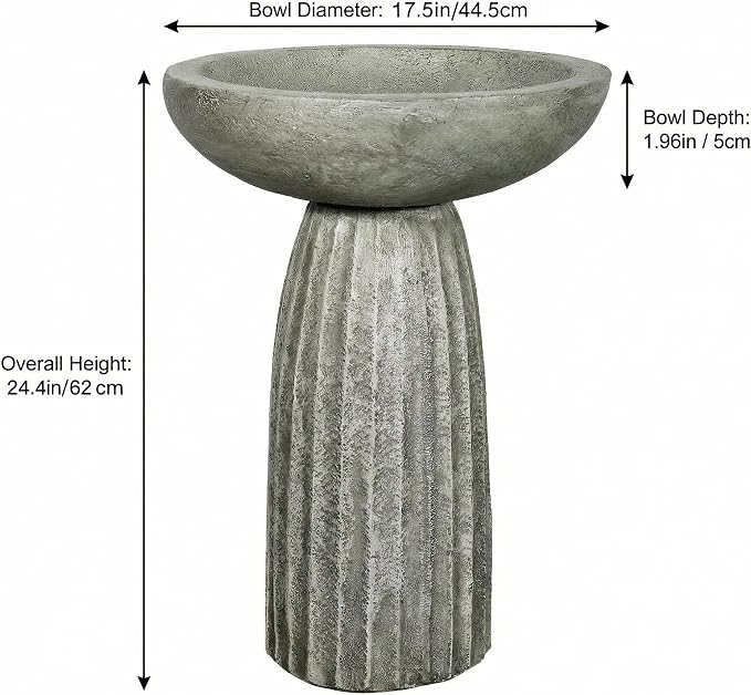 SunJet Modern Bird Bath, 24.4inches Height Fibre-Reinforced Concrete Birdbath with Textured Pedestal for Outdoor Garden, Yard, Lawn Decor