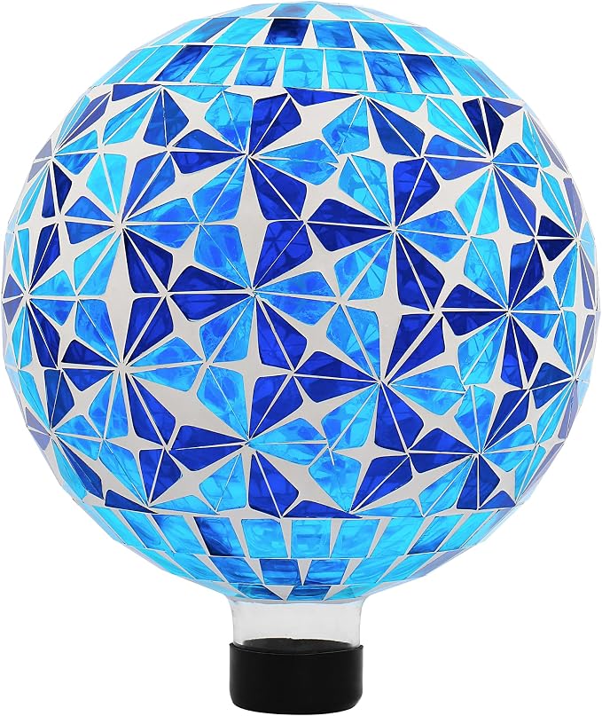 SAVENNA Mosaic Garden Gazing Ball 10 Inch, Glass Decorative Sphere for Indoor & Outdoor Garden, Patio, Home & Yard, Blue Geometric Star Pattern