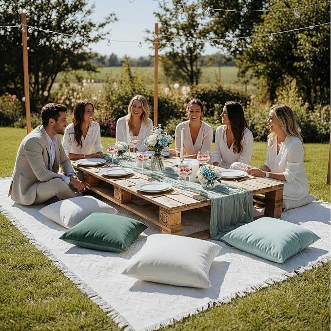 Moukeren 10 Pcs 71''x102'' Extra Large White Outdoor Boho Picnic Blanket with Table Runner and 8 Throw Pillow Covers Oversized Washable Portable Beach Blanket for Picnic Camp Lawn Wedding