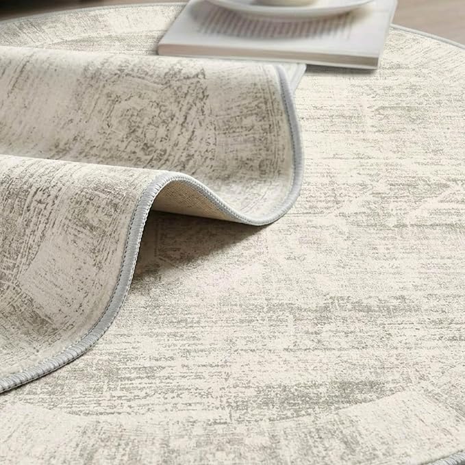 Latte&Fog 6ft Round Area Rug forBedroom Washable Circle Neutral Ivory Rug | Non Slip Low Pile Soft Floral Indoor Carpet for Living Room Kids Playroom Nursery Classroom Dorm Decor Dining Kitchen Office