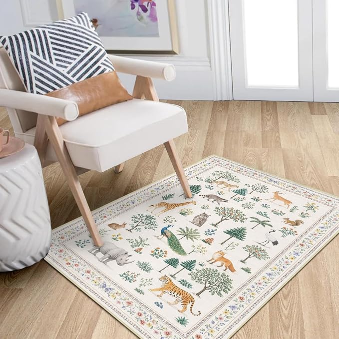 Jungle Animal Print Rug 2x3 for Entryway Wild Zoo Animals Forest Area Rugs Machine Washable Rug Non Slip Print Low Pile Indoor Front Door Mat for Kids Room Nursery Bathroom Playroom Kitchen,Beige
