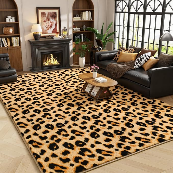 Amearea Soft Leopard Rugs for Bedroom Living Room, 6x9 Cheetah Print Rug | Fluffy Indoor Thickened Memory Foam Rug, Washable Animal Rug Carpet for Kids Boys Girls Dorm Nursery Room Home Decor, Khaki
