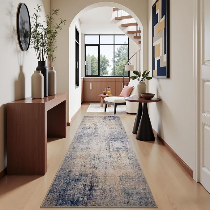 Joydeco 2x6 Runner Rug Modern Abstract Machine Washable Rug – Low Pile Faux Wool with Non-Slip Backing, Neutral Print Carpet Runner for Hallway, Kitchen, Entryway, Laundry and Bedroom, Beige&Blue&Pink