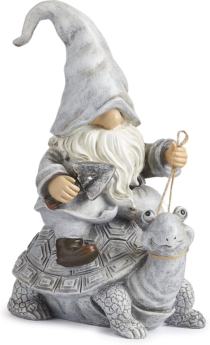 Roman Inc. Giftware Garden Collection Gnome Riding Turtle Statue, Resin and Stone, 11.5" H, Decorative Garden Gift, Home Outdoor Decor