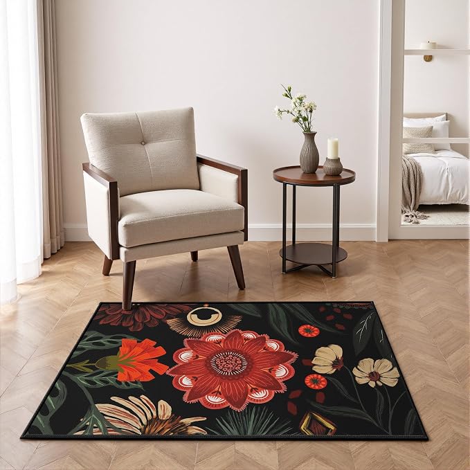 Tyrot Vintage Boho Floral Rug 2x3, Washable Colorful Area Rug, Ultra Thin Flat Woven Low Pile Non Slip Indoor Rug for Entryway, Kitchen, Bathroom, Bedroom, Black Red