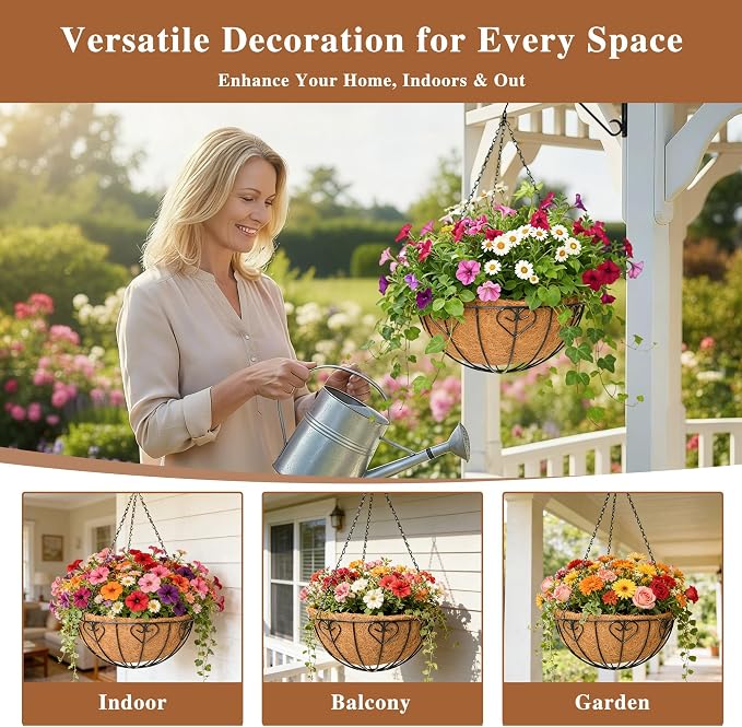 4 Pack Hanging Planter for Outdoor Plants 12 inch Metal Hanging Flower Basket with Coco Coir Liner Round Wire Plant Holder Chain Flower Pots Outdoor Garden Decoration Watering Hanging Baskets（AX）