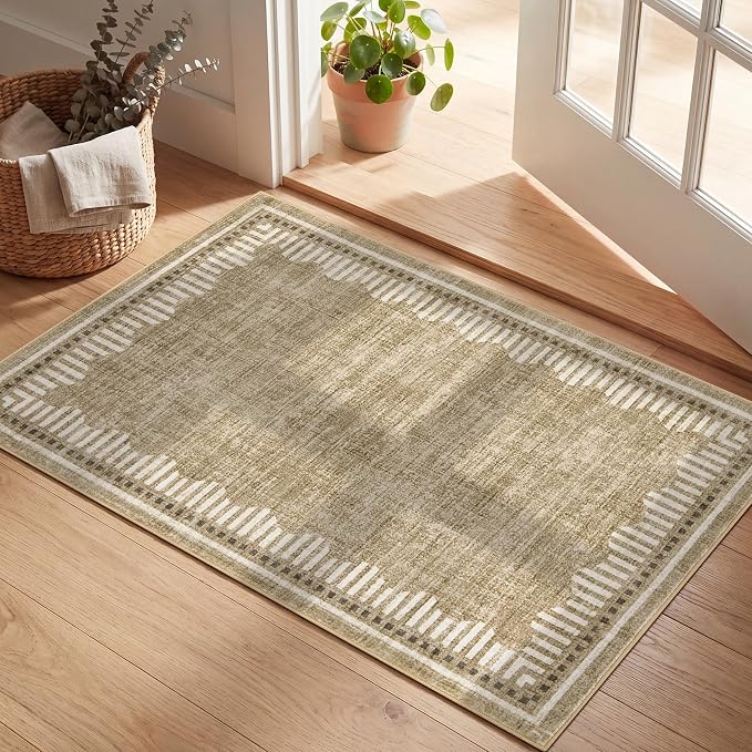 Garvee Small Area Rugs 2x3 Taupe Washable Entryway Scalloped Throw Carpet | Non Slip Solid Color Low Pile Living Room Bedroom Rugs Pet Friendly Modern Geometric Kitchen Front Door Nursery Doot Mat