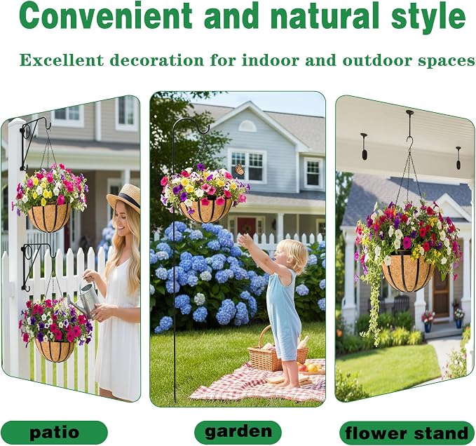 4 Pack 12 Inch Hanging Planters for Outdoor Plants Metal Hanging Planter Basket with Coco Coir Liner Round Plant Black Flat Iron Metal Flower Pots for Deck Patio Porch Garden Balcony