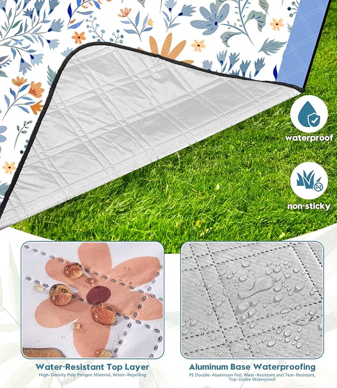DEWUR Picnic Blankets 79"x79" Extra Large Outdoor Blanket Beach Blanket Waterproof SandProof Picnic Mat Washable Foldable Portable for Grass Lawn Beach Camping (White with Flowers)