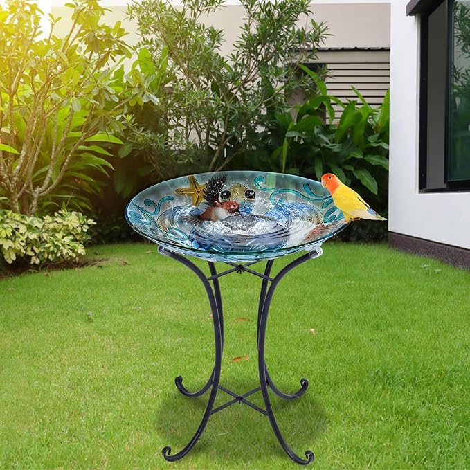 MUMTOP Glass Bird Bath, Large Bird Baths for Outdoors, Solar Birdfeeder with Metal Stand for Garden, Yard, Lawn Decor sea Turtle Pattern(Blue, 21.5"X18")