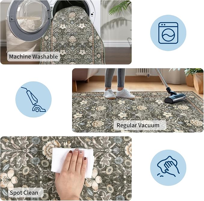 GarveeHome Small Entryway Rug, 2x3 Washable Front Door Rug Indoor Entrance Floral Carpet Non-Slip Low Pile Throw Rugs for Kitchen Floor, Powder Room, Entry, Bathroom, Kids Room