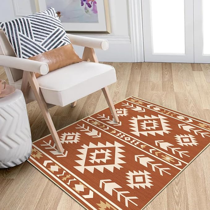 Western Rug 2x3 for Entryway Indoor Mat, Southwestern Aztec Tribal Rugs Southwest Navajo Machine Washable Entrance Rug Non-Slip Printed Low-Pile Entry Floor Carpet Doormat for Bedroom, Yellow Brown