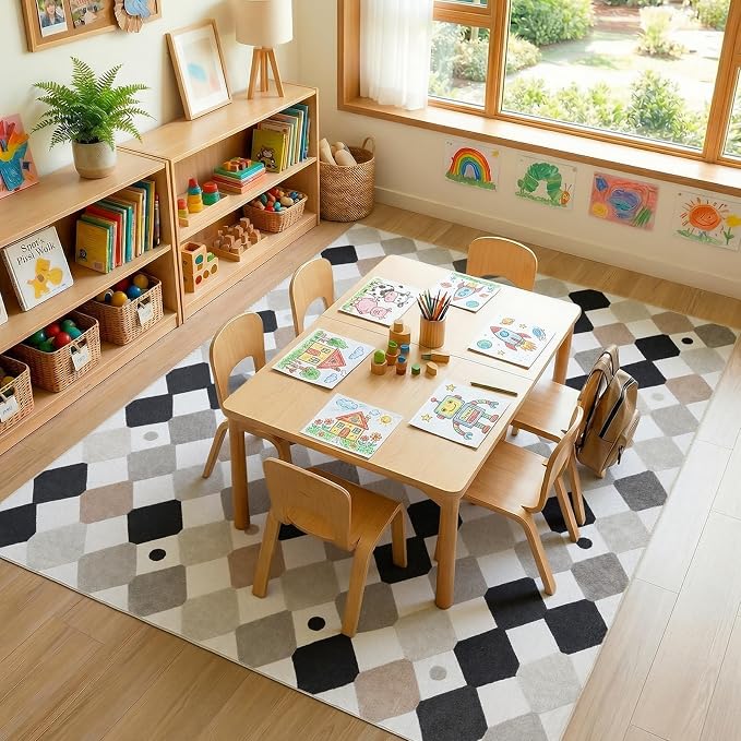 jinchan 6x9 Washable Kids Rug Classroom Rug Playroom Mat Marble | Soft, Non-Slip, Cute, Kid-Friendly, Checkered Diamond, Black White on Cream, Nursery, Living Room, Bedroom, Dorm, Daycare