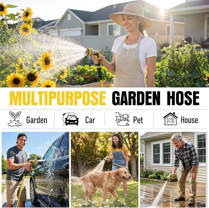 Garden Hose 100 ft x 5/8" with Nozzle, Water Hose Heavy Duty Flexible, Lightweight Kink-less Hybrid Hose with Swivel Handle, Male to Female Fittings