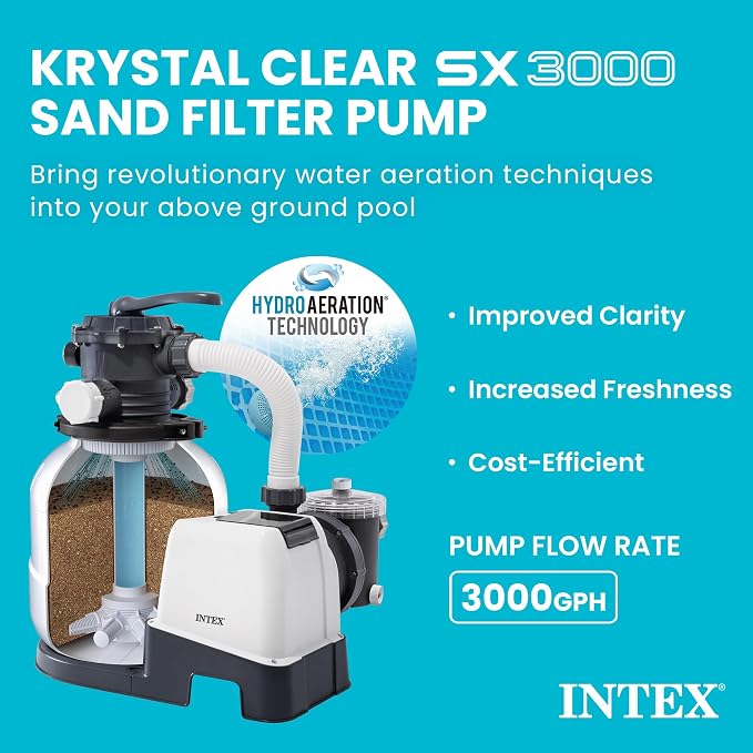 INTEX Krystal Clear 3,000 GPH Sand Filter Pump with 2-Pack Replacement Hose | 26651EG - 16" Tank for Above Ground Pools: 5,500 to 19,600 Gal, 120 lb Sand Capacity - Improved Circulation & Filtration