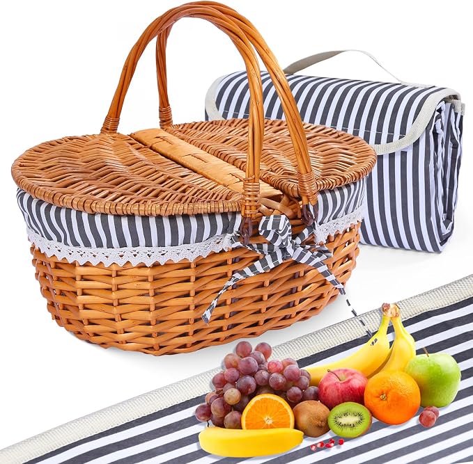 Wicker Picnic Basket with Handle, 15" Large Picnic Basket with Lid & Removable Liner, Vintage Hand Woven Basket with Blanket for Picnics, Camping, Thanksgiving, and Birthday