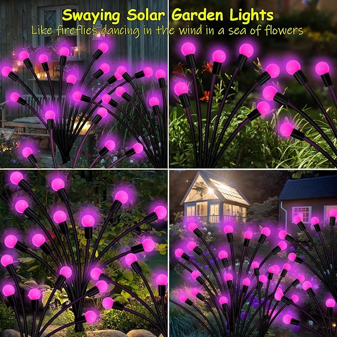 Kohlrabi Solar Garden Lights Outdoor, 4 Pack 32 LED Solar Pink Firefly Lights Waterproof, Starburst Wind Swaying Light for Outside Yard Patio Planter Flower Bed Walkway Christmas Decoration