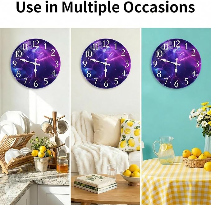 Britimes Round Purple Wall Clock Silent Non-Ticking Battery Operated Glass Decorative Outdoor Waterproof Clock 12 Inch, Galaxy Home Decor for Living Room, Kitchen, Bathroom and Bedroom