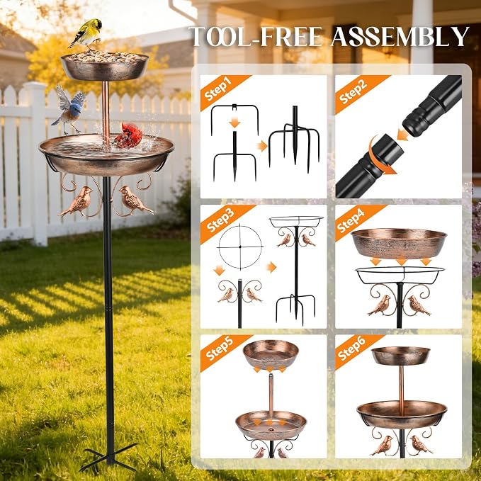 43" 2-Tier Metal Bird Bath and Feeder for Outdoor, 12" and 8" Dia Double Removable Bowl Bird Baths for Outside Standing Vintage Birdbath with Two Bowl Feeder, Garden Patio Lawn Decor