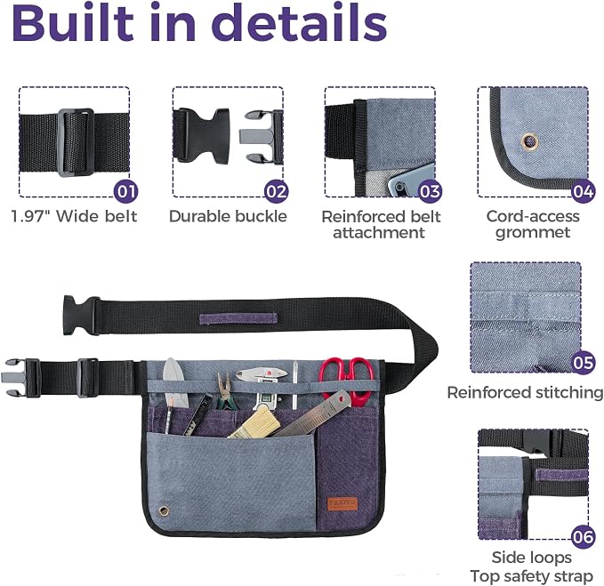 Garden Tool Belt for Women & Men, Wide Denim Garden Apron with 5 Pockets, Adjustable Utility Tool Pouch for Gardening, Florist, DIY & Craft, Purple