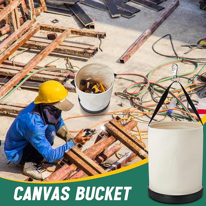 2 Pack Canvas Bucket 15" x 12" Heavy Duty Lineman Tool Bag with Plastic Bottom & Metal Hook Electrician Tool Organizer for Jobsite Use, Load Rated up to 150 Pounds (White)
