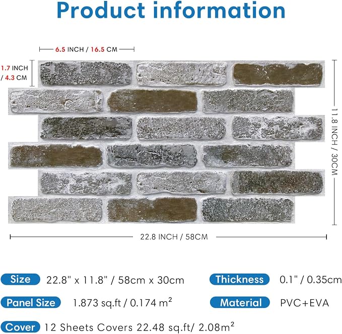 COMSTICKC 3D Faux Brick Wall Panel Peel and Stick Decorative Tiles, 12 pcs of 22.8" x 11.8", DIY UrltraLight PVC Self Adhesive Fake Brick Interior Decor, Not Real Brick, Paintable, Covers 22.48 sq.ft