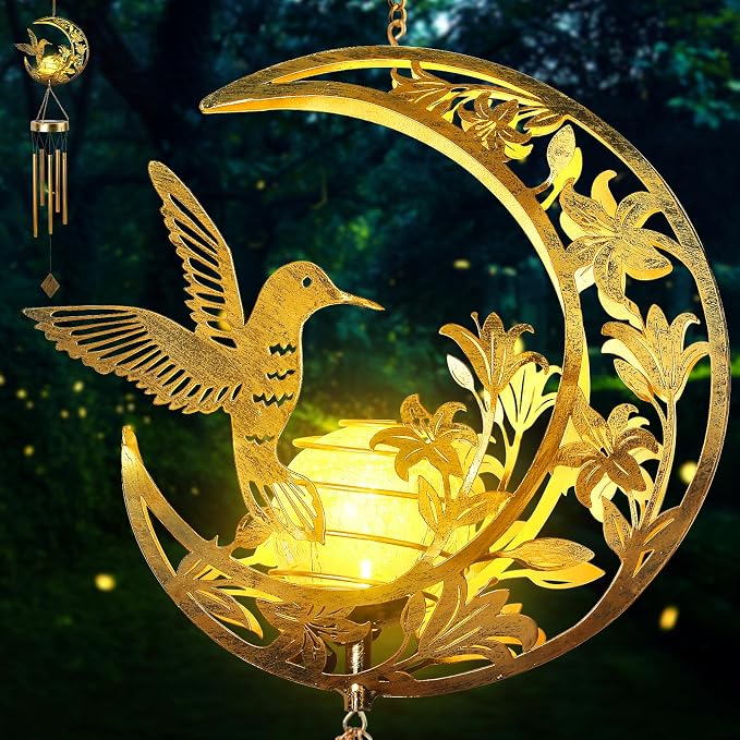 Hummningbird Solar Outdoor Wind Chimes - Unique Moon Hummingbird Design, for Mothers, Grandmothers, Sisters, Friends and Girls on Birthdays, Christmas, Thanksgiving and Mother's Day