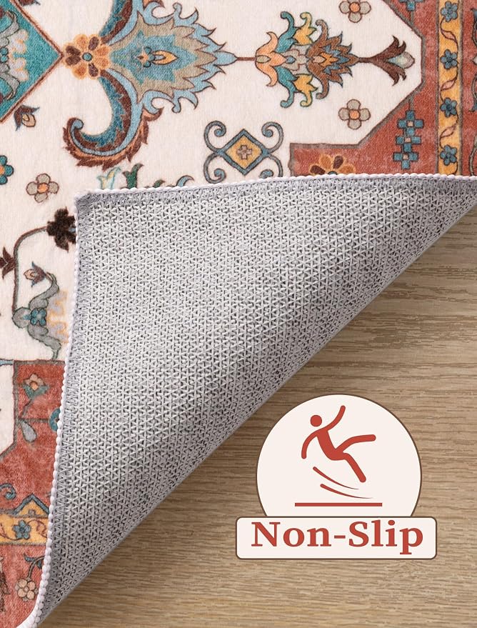 SERISSA 2'6"x10' Washable Non Slip Boho Runner Rug for Hallway，Orange | Ultra Soft Vintage Oriental Carpet Low-Pile Distressed Tribal Floor Carpet for Kitchen Bedroom Bathroom Laundry Room