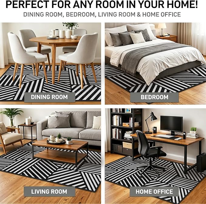 9x12 Black and White Geometric Stripe Area Rug for Living Room Bedroom Abstract Modern Large Rug Machine Washable Non-Slip Carpet for Dining Room Office