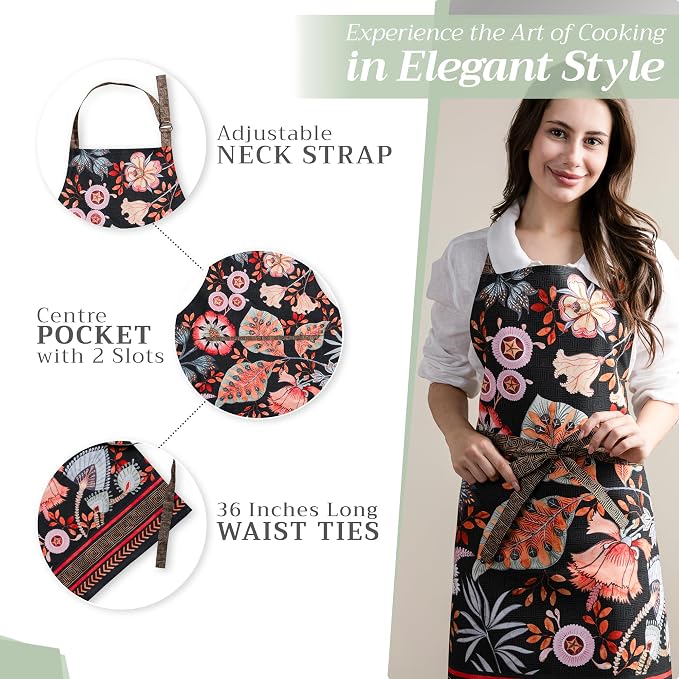 Maison d' Hermine Aprons for women with Pocket 100% Cotton (27.50"x31.50") | Adjustable Neck Strap & long ties Apron Men Chef Wedding Cooking Gardening Server Maid