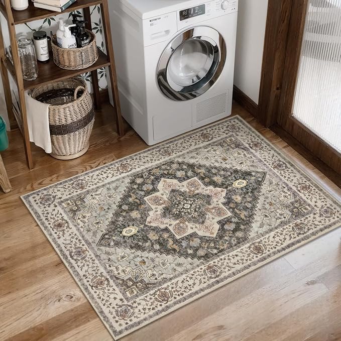 Tangsoo 2x3 Washable Rugs for Entryway, Vintage Non Slip Small Area Rug | Farmhouse Indoor Front Door Rug, Soft Low Pile Door Mat Small Carpet Throw Rugs for Entry Entrance Kitchen Bedroom Grey/Multi