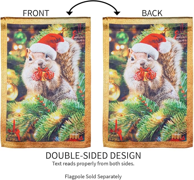 Evergreen Flag Santa Squirrel Lustre Garden Flag | Christmas Garden Flag for Outside 12x18 Double Sided | Weather and Fade Resistant | Outdoor Flag For Yards and Gardens
