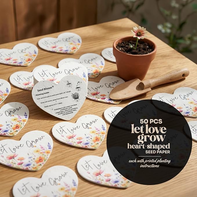 50pcs Large (2.5" h x 2.85" w) Let Love Grow Heart Seed Paper – Writable & Plantable Wildflower, Mom's Gift for Birthday, Use for Wedding, Baby Shower, & Heart Party Favors