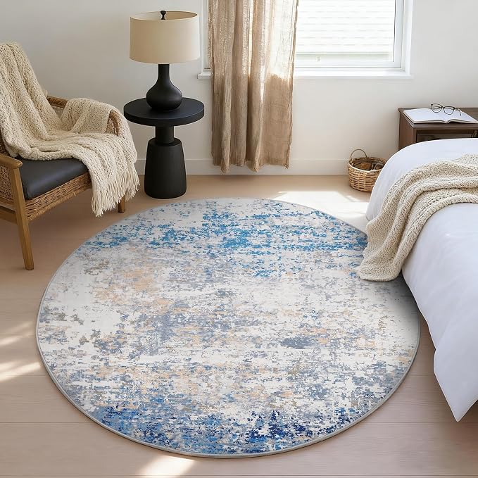 ROYHOME Modern Abstract 6x6 Round Area Rug Non Slip, Blue/Grey | Non Shedding Rug Low Pile Stain Resistant for Bedroom Living Room office Dining Room
