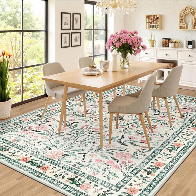 PLHXFR 8x10 Area Rug Living Room: Floral Washable Boho Carpet Green Beige | For Bedroom Dining Room Farmhouse Nursery Hallway,Vintage Floral,Machine washable,Non Slip,Stain Resistant,Large Indoor