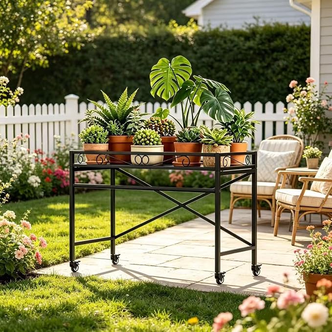 Zhongma Window Height Sturdy Metal Plant Stand with Wheels, 36.6 x 16 x 26.2 in High, Heavy Duty Succulent Shelf for Home Indoor and Outdoor, 220 LBS Capacity & Heavy Duty Construction