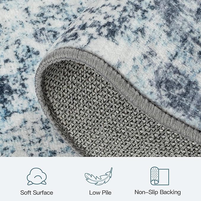 9x12 Area Rug for Living Room, Abstract Washable Non-Slip Large Rugs, Blue | Soft Neutral Carpet for Bedroom, Dining Room, Home Office Nursery Indoor, Stain Resistant, Non-Slip, Low Pile Modern Rug