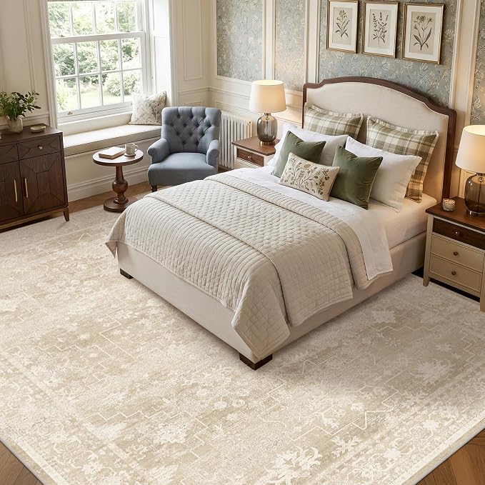 Neutral 8x10 Beige Area Rugs for Bedroom, Living Room, Cottagecore Boho Abstract Distressed Washable Ivory and Champagne Rug for Dining Room, Stain Resistant Low Pile Anti-Slip Ultra Soft