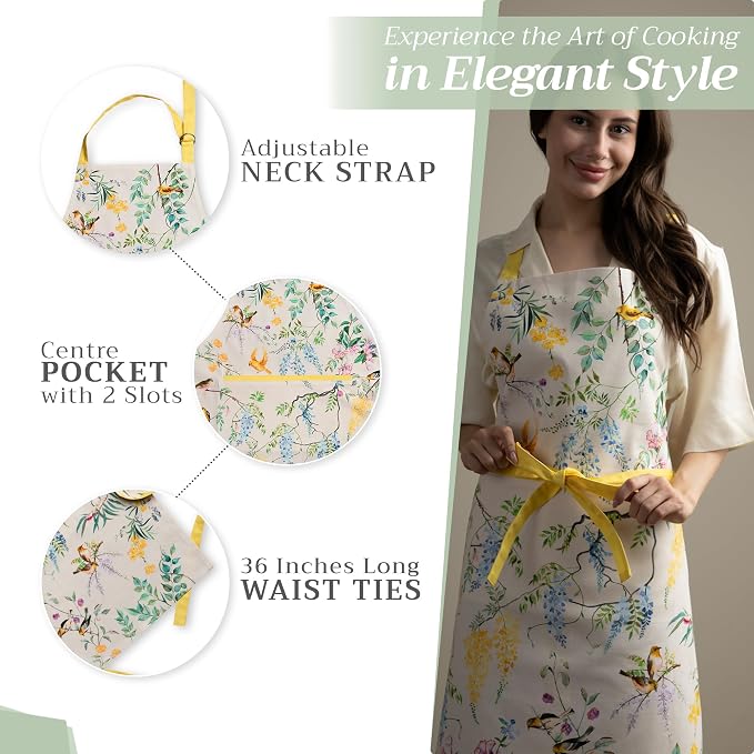 Maison d' Hermine Aprons for women with Pocket 100% Cotton (27.50"x31.50") | Adjustable Neck Strap & long ties Apron Men Chef Wedding Cooking Gardening Server Maid